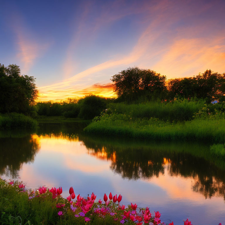 Tranquil river with pink flowers under vibrant sunset sky