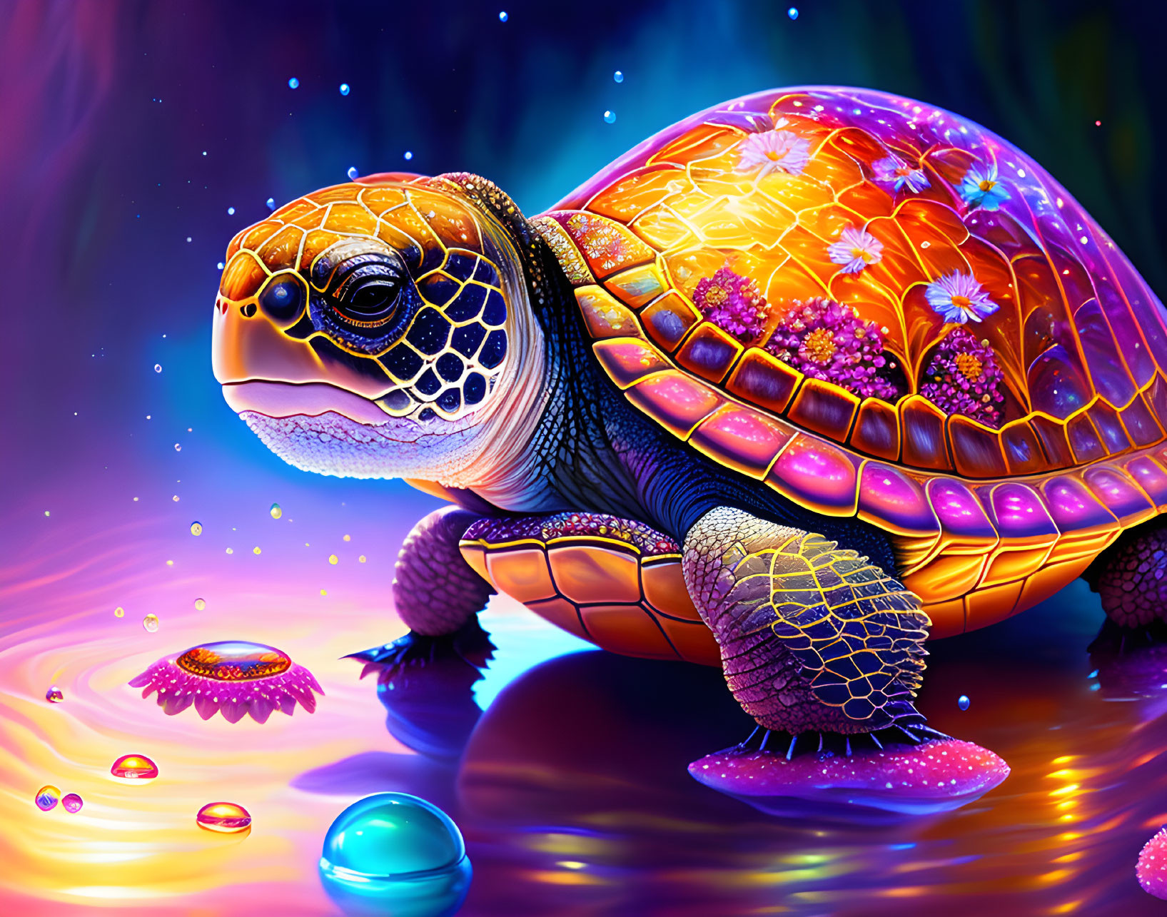 Colorful digital artwork: Turtle with floral shell on reflective surface