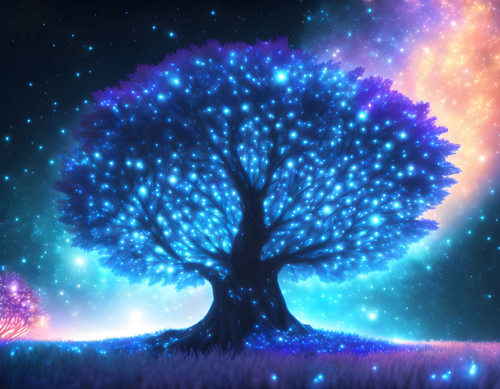 Vibrant digital artwork of glowing tree with blue leaves on cosmic background