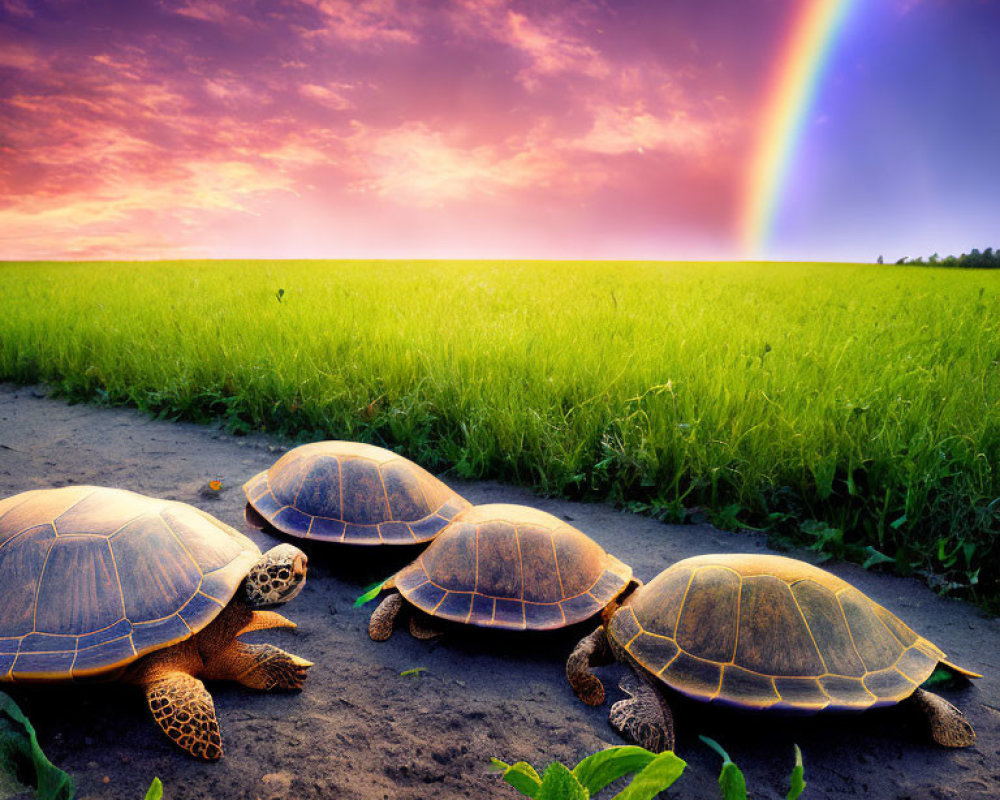 Four Turtles in Green Field Under Vibrant Rainbow at Sunset