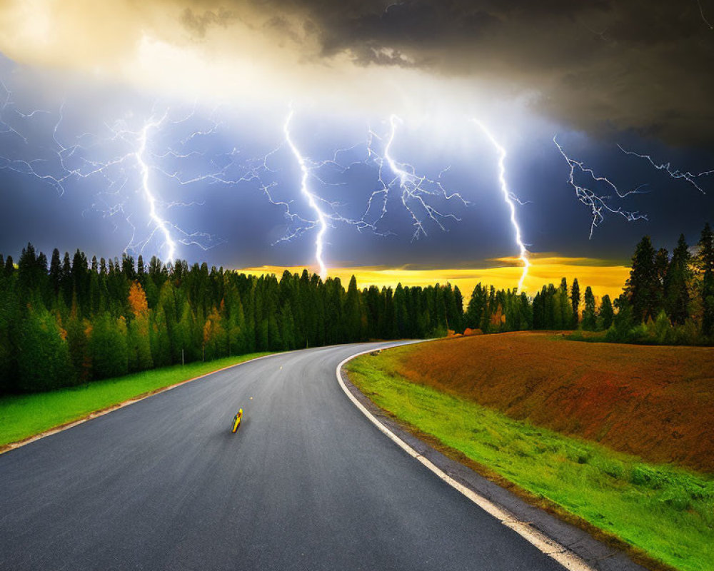 Curving Road Through Vibrant Landscape with Lightning Strikes
