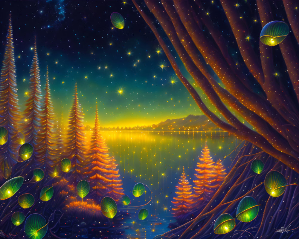 Enchanted forest digital artwork: glowing trees, starry night sky, serene water.