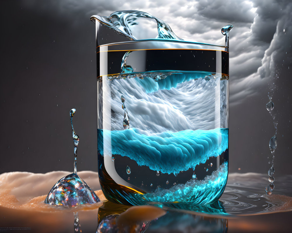 Detailed 3D render of swirling water in a glass with suspended droplets