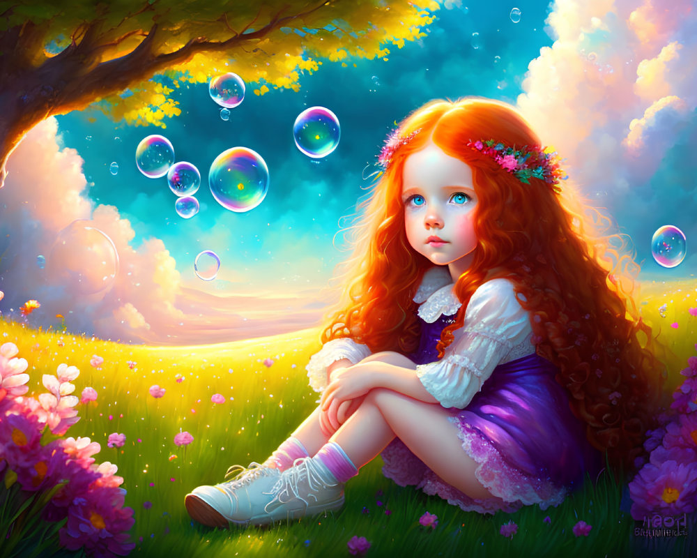 Young girl with red hair in floral headband in flower-filled meadow with soap bubbles and sunset sky
