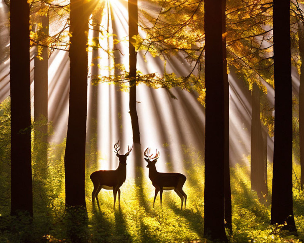 Sunlit forest scene with two deer and rays of light piercing through trees