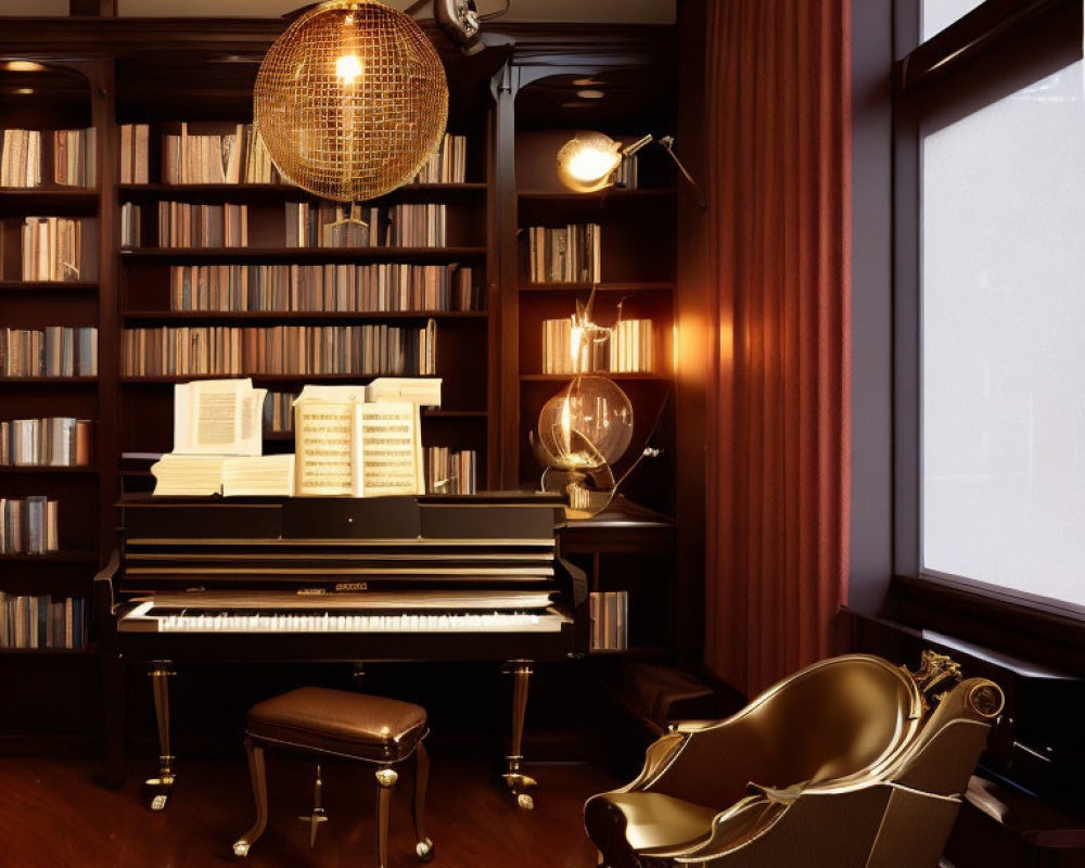 Classic Home Library with Grand Piano, Book-Filled Shelves, Armchair, Warm Lighting, and