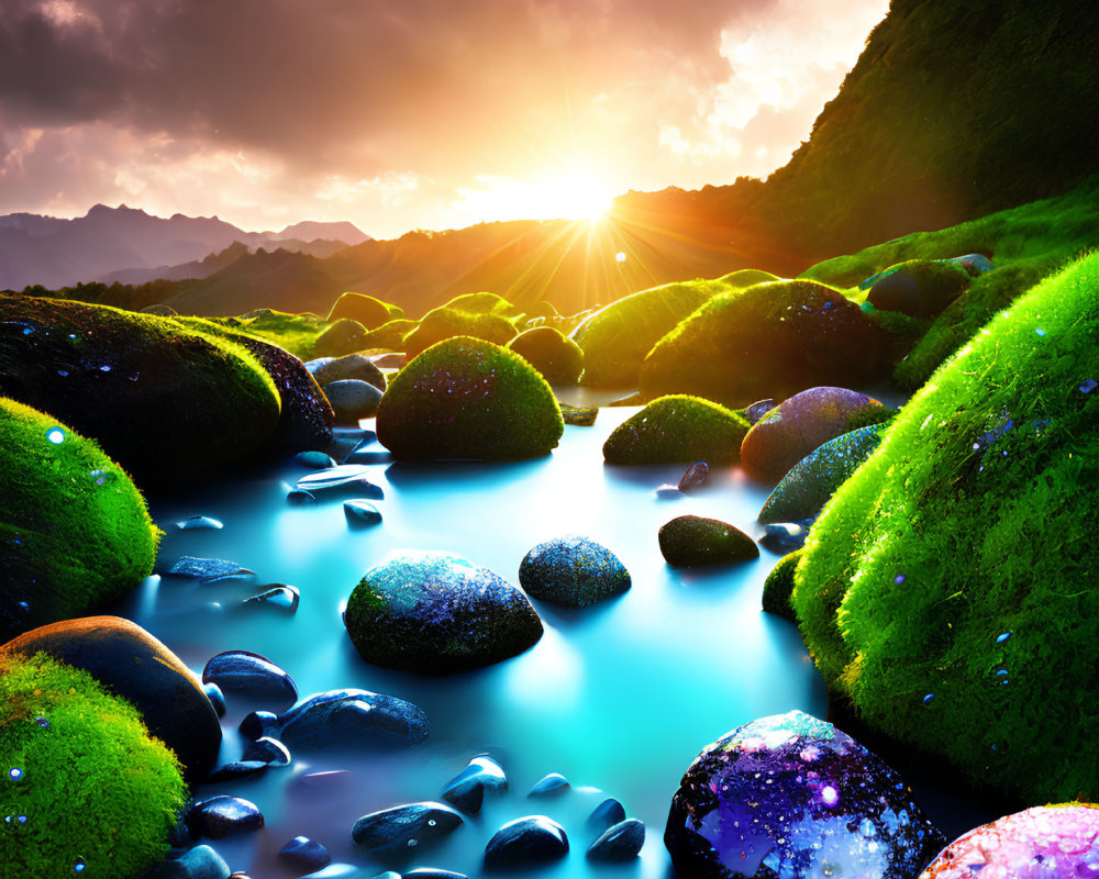 Majestic mountain stream at sunset with moss-covered stones