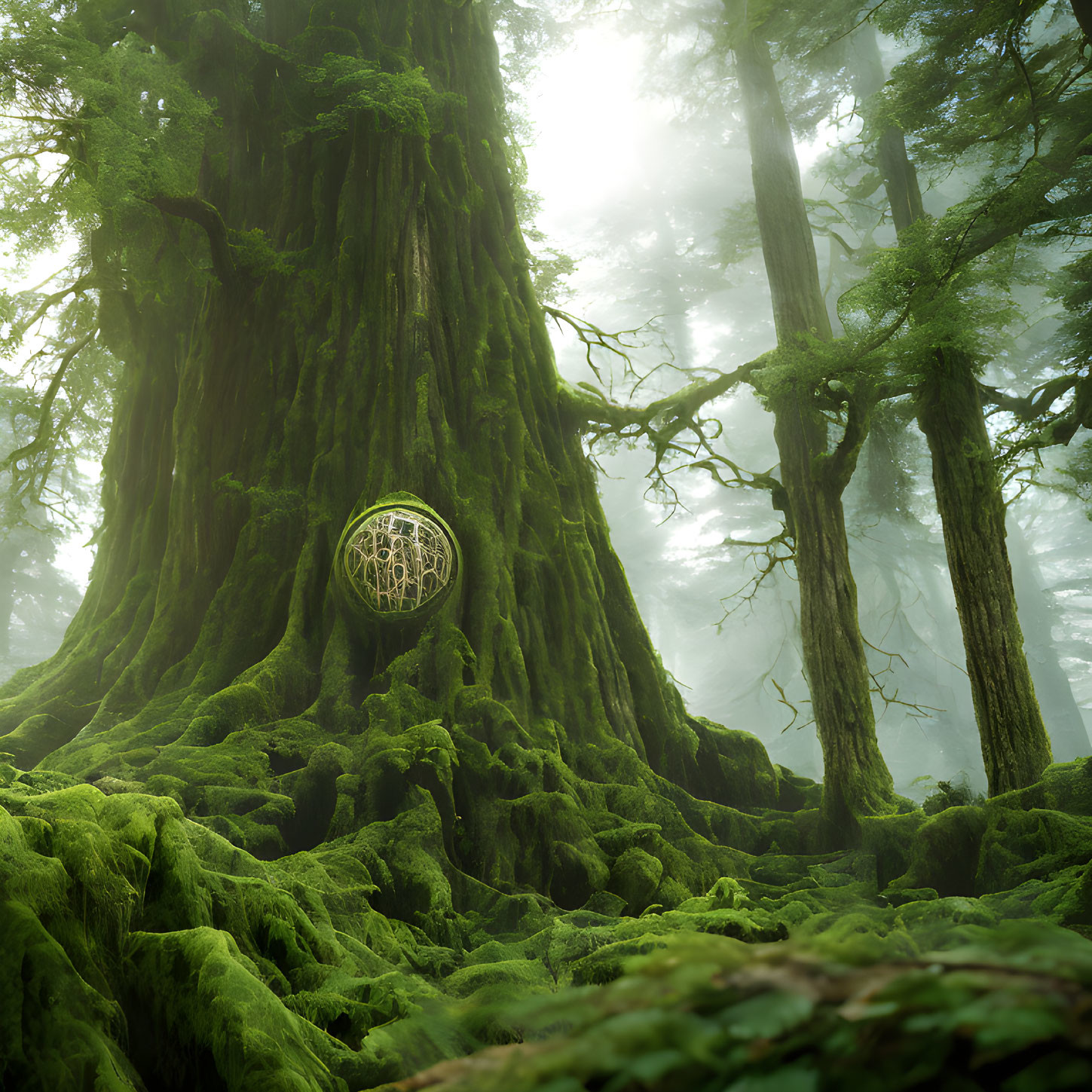 Mystical green forest with moss-covered tree trunk and circular window