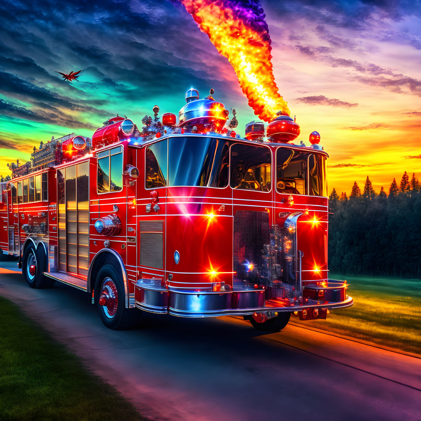 Vintage Red Firetruck Speeding at Sunset with Dramatic Sky