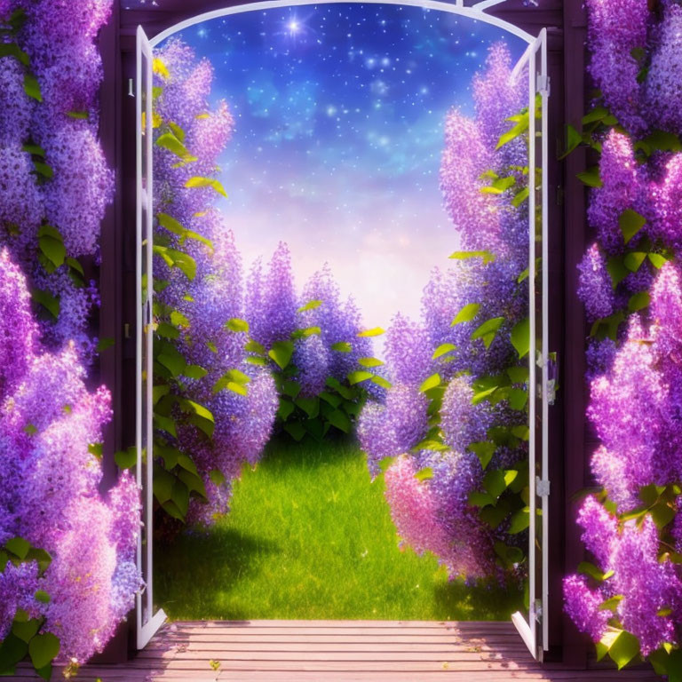 Lush garden with lilac bushes under starry night sky