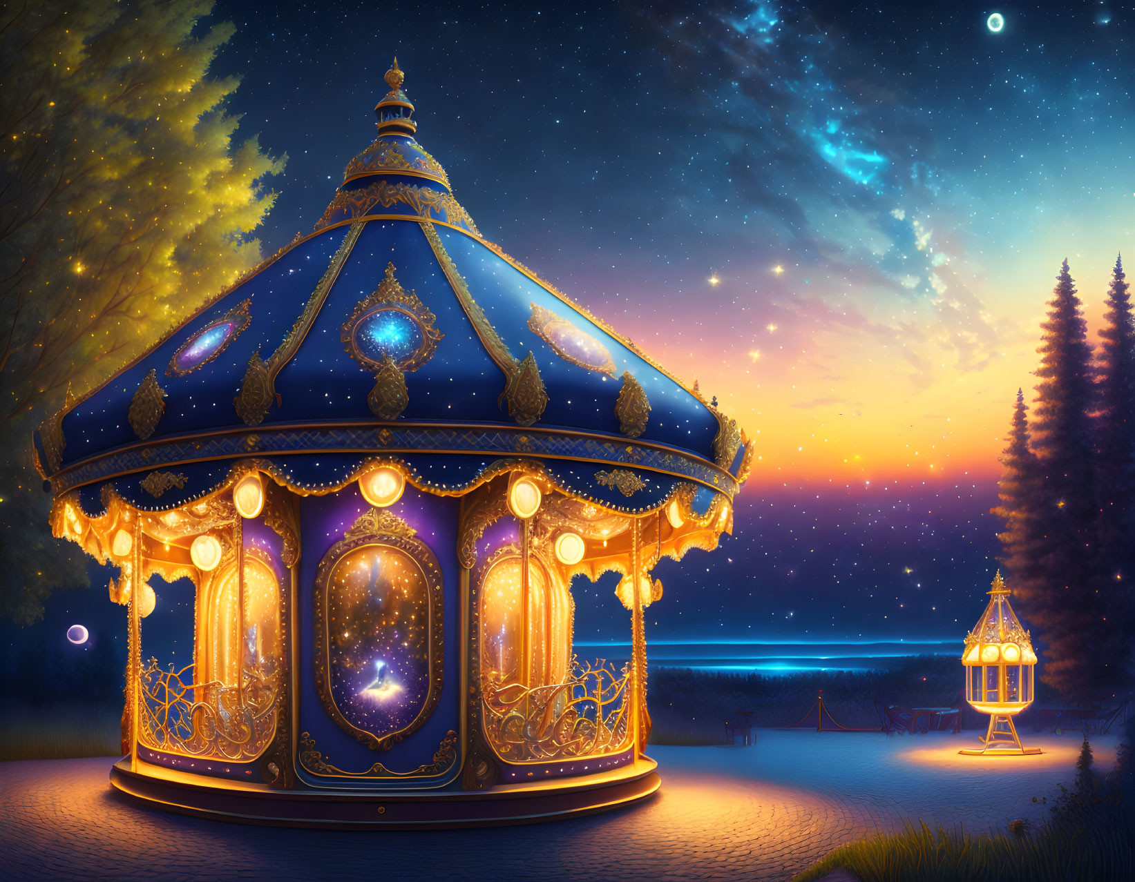 Ornate Carousel Under Starry Night Sky with Sunset, Beach, and Forest Path