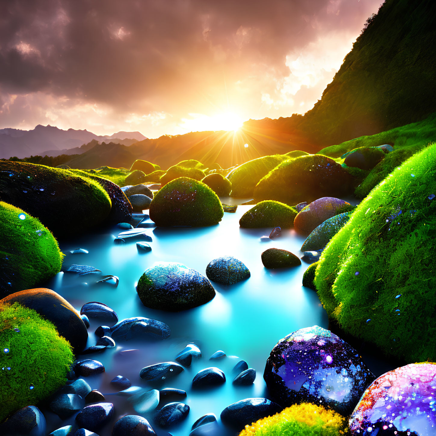 Majestic mountain stream at sunset with moss-covered stones