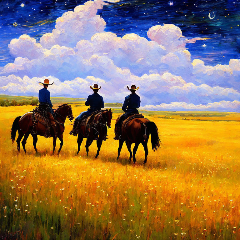 Cowboys on horseback in blooming field under twilight sky.