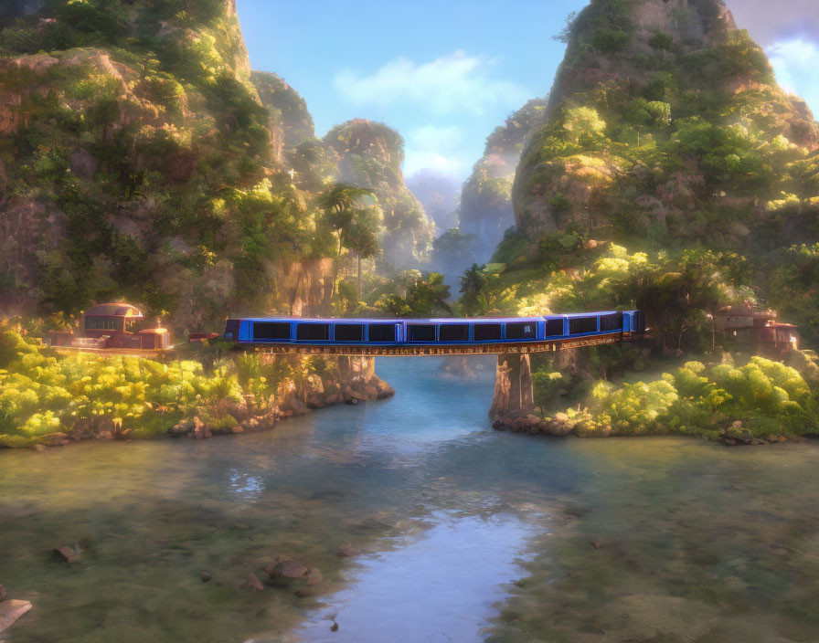 Tranquil landscape with blue train crossing bridge in lush green mountains