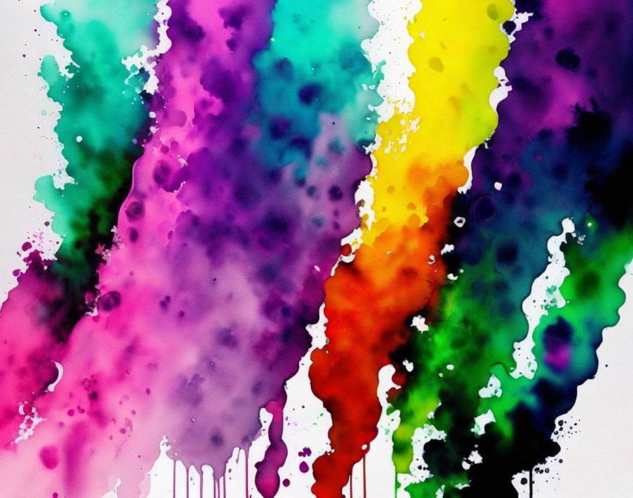 Colorful Watercolor Painting with Purple, Blue, Green, Yellow, and Red Splashes