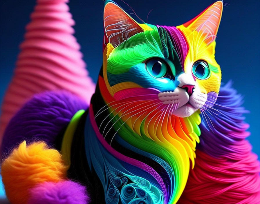 Colorful digital art: Rainbow cat with intricate patterns on blue background
