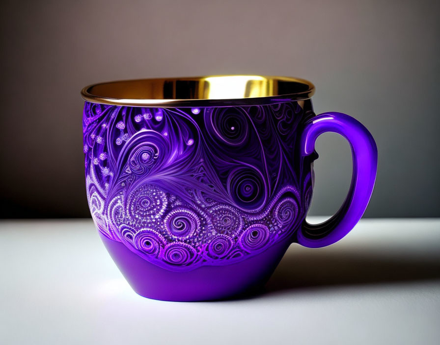 Intricate Swirling Purple Cup with Golden Rim on Gray Background