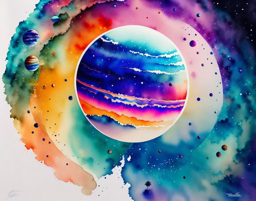 Colorful Watercolor Painting of Celestial Planets in Abstract Cosmic Scene