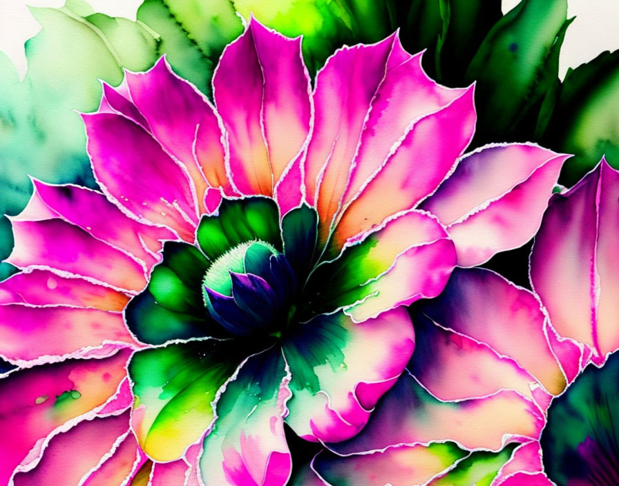 Colorful watercolor painting of pink-tipped flower in lush green center