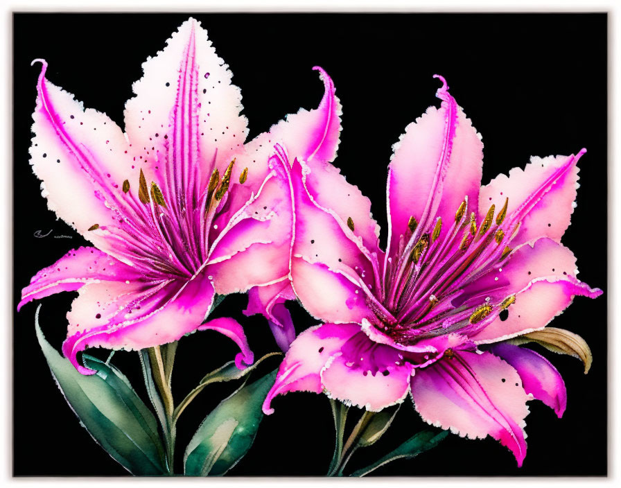 Pink and White Watercolor Painting of Two Lilies on Dark Background
