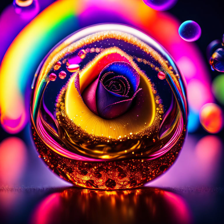 Colorful Macro Photo of Water Droplet Lens with Swirling Patterns
