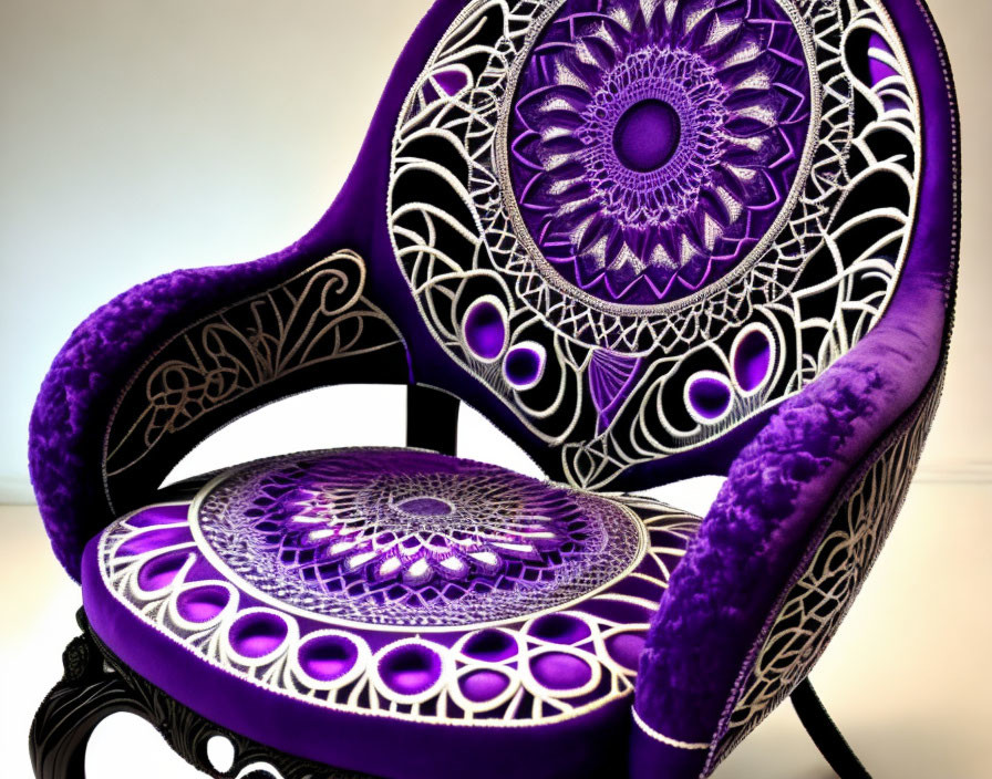 Luxurious Purple Armchair with Black and White Mandala Patterns