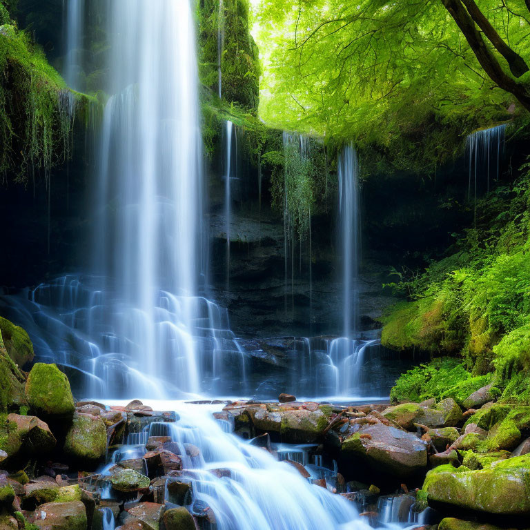 Tranquil forest waterfall scene with moss-covered rocks and lush green foliage