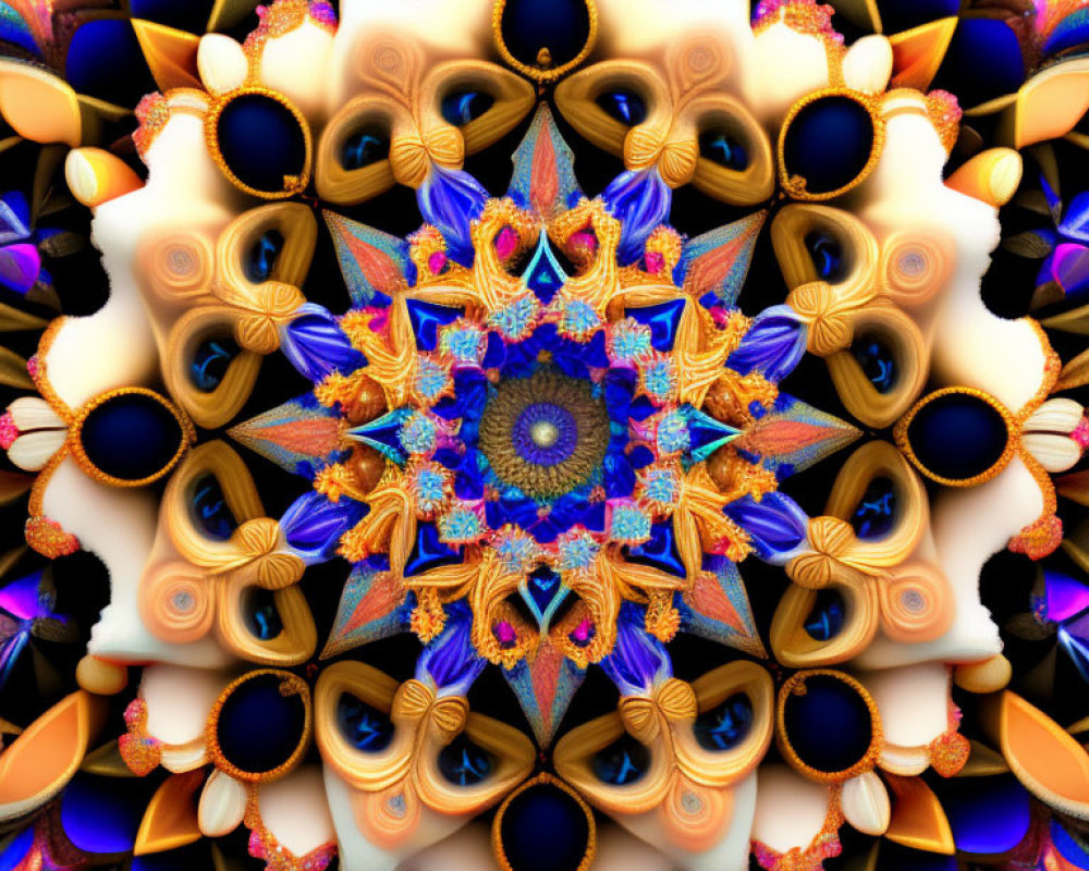 Colorful kaleidoscopic image with intricate blue, orange, and gold patterns.