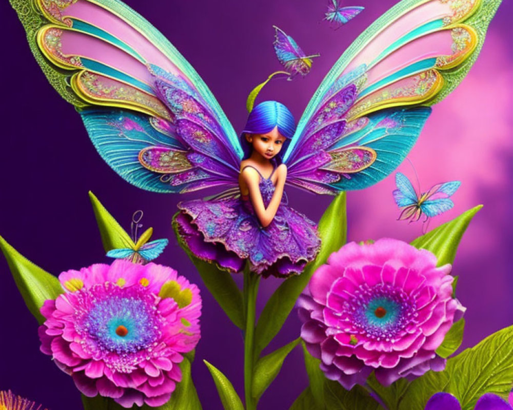 Colorful Fairy Artwork with Iridescent Wings and Flower Setting