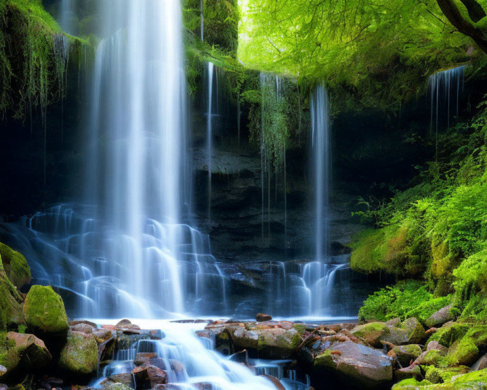 Tranquil forest waterfall scene with moss-covered rocks and lush green foliage