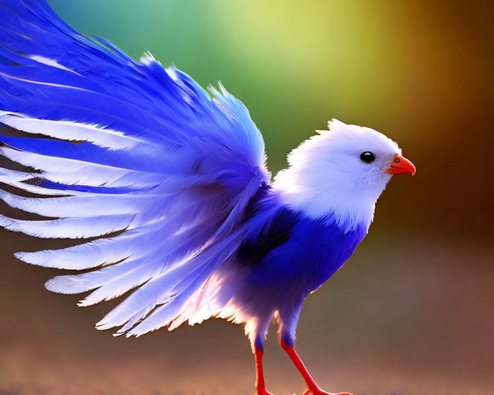 Digitally altered image of a bird with blue feathers and red legs on colorful background