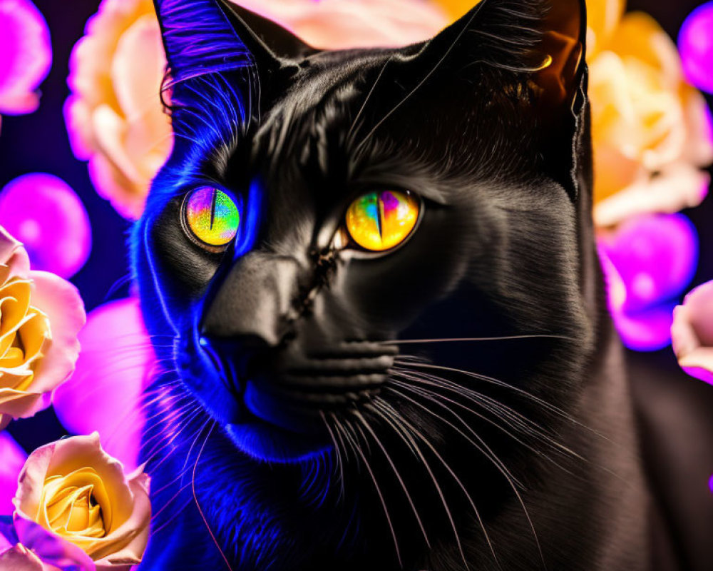 Black cat with multicolored eyes in rose bouquet.