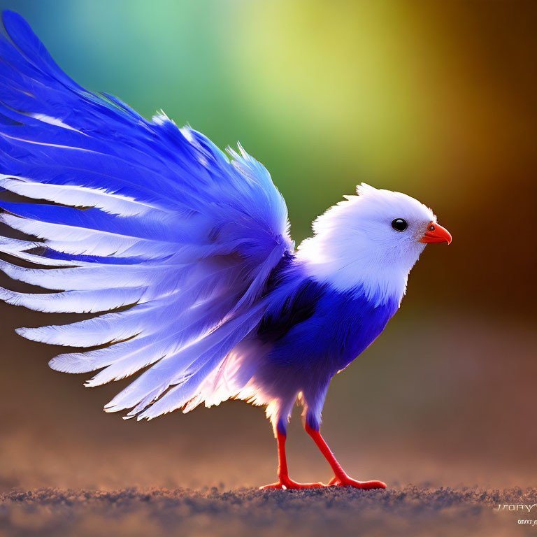 Digitally altered image of a bird with blue feathers and red legs on colorful background