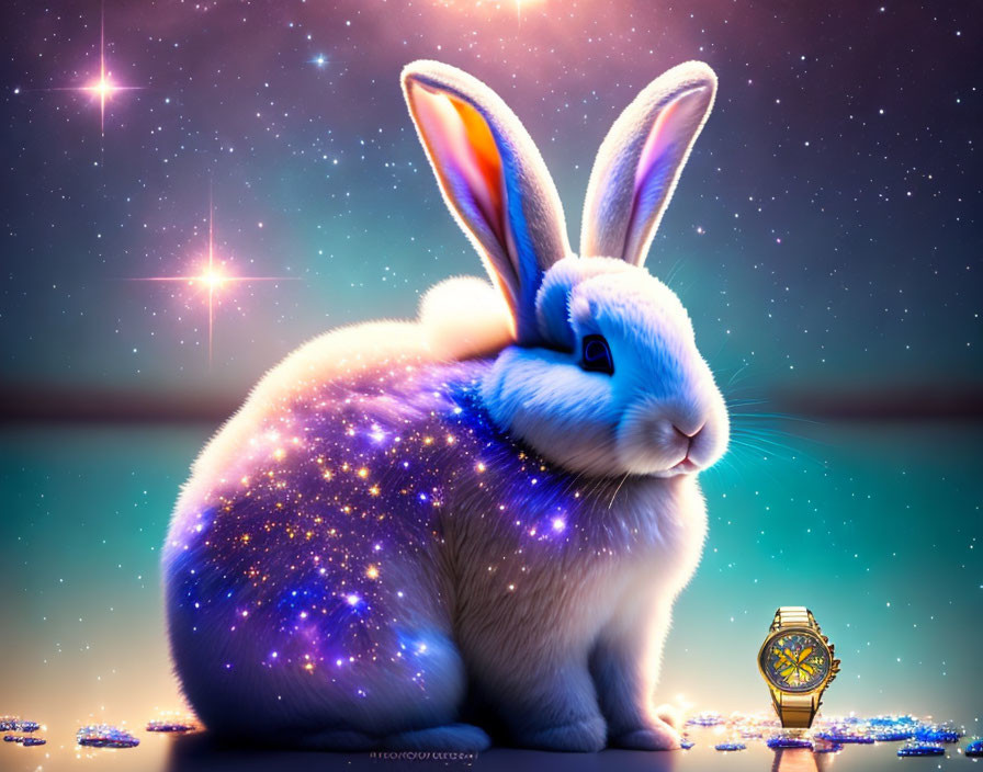 Cosmic patterned rabbit with golden watch in starry night scene