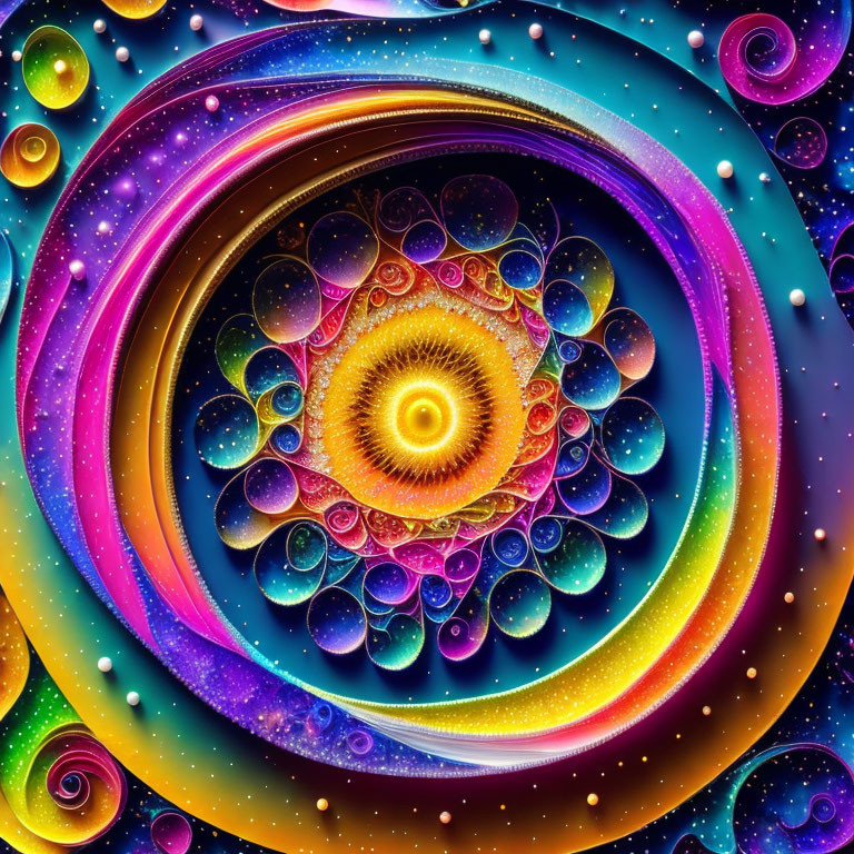 Colorful psychedelic fractal art with swirling patterns and cosmic galaxy spiral