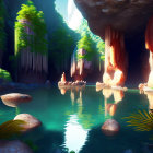 Verdant flora and waterfalls in lush cave scene