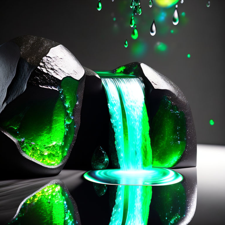 Vibrant green liquid cascading from shattered glass container on dark background
