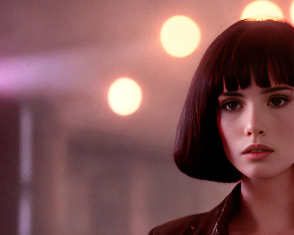 Bob-Haired Woman in Brown Leather Jacket with Bangs and Blurred Lights