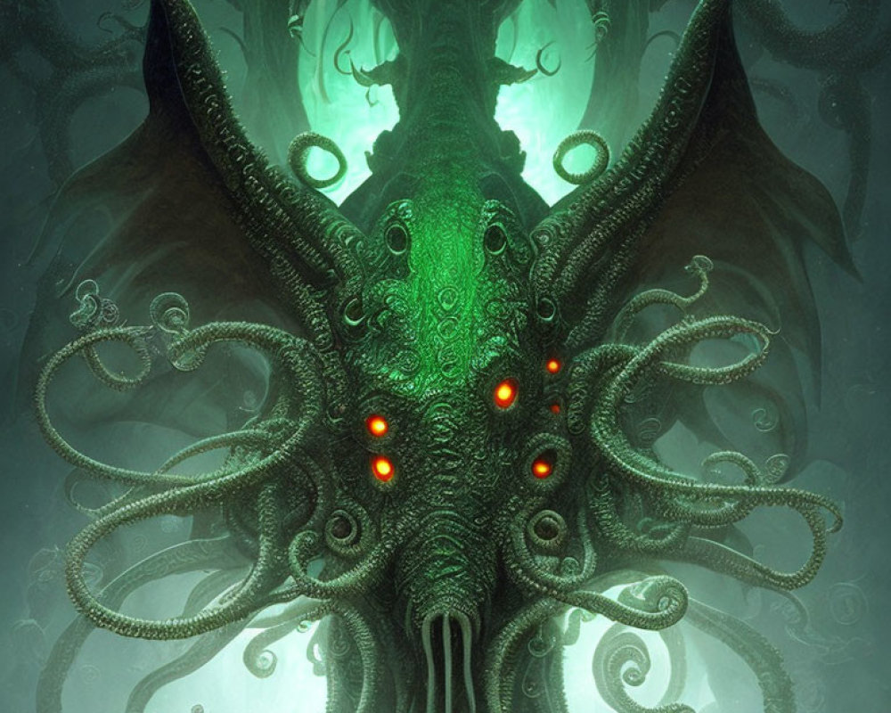 Eerie green-toned illustration of a multi-eyed, tentacled creature in ominous setting