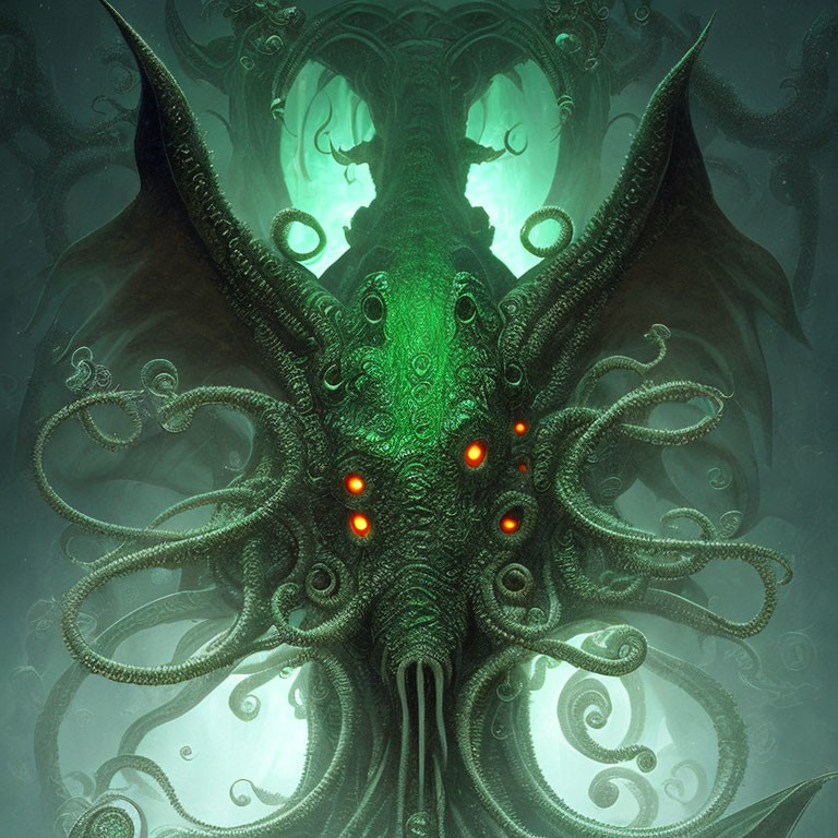Eerie green-toned illustration of a multi-eyed, tentacled creature in ominous setting