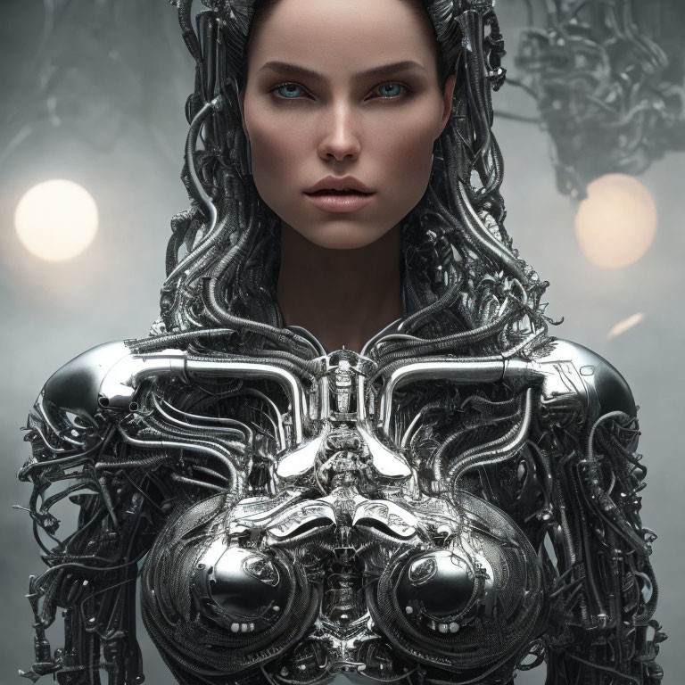 Detailed female cyborg with metallic body and blue eyes