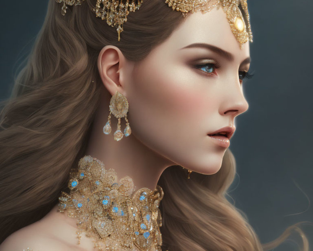 Digital artwork featuring woman adorned in elaborate gold jewelry on dark background