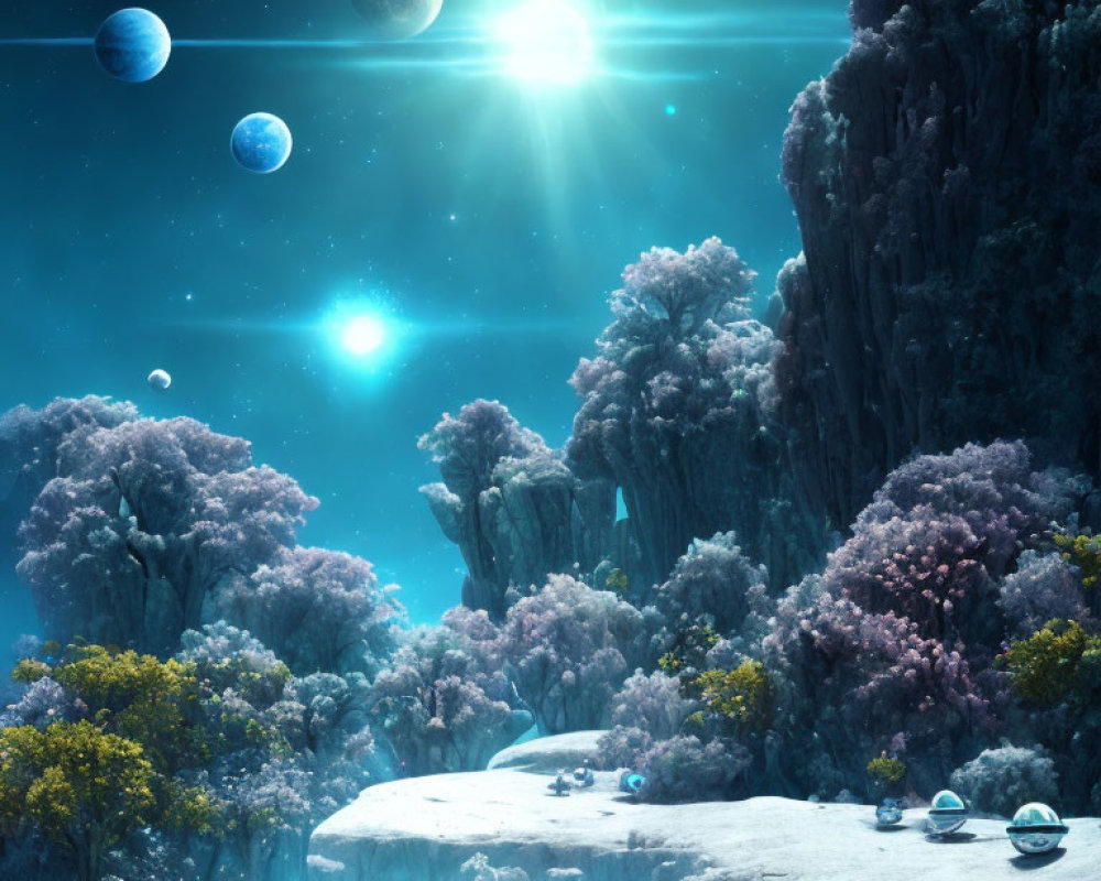 Alien landscape with vibrant flora, snowy ground, multiple moons, planets, and futuristic objects.