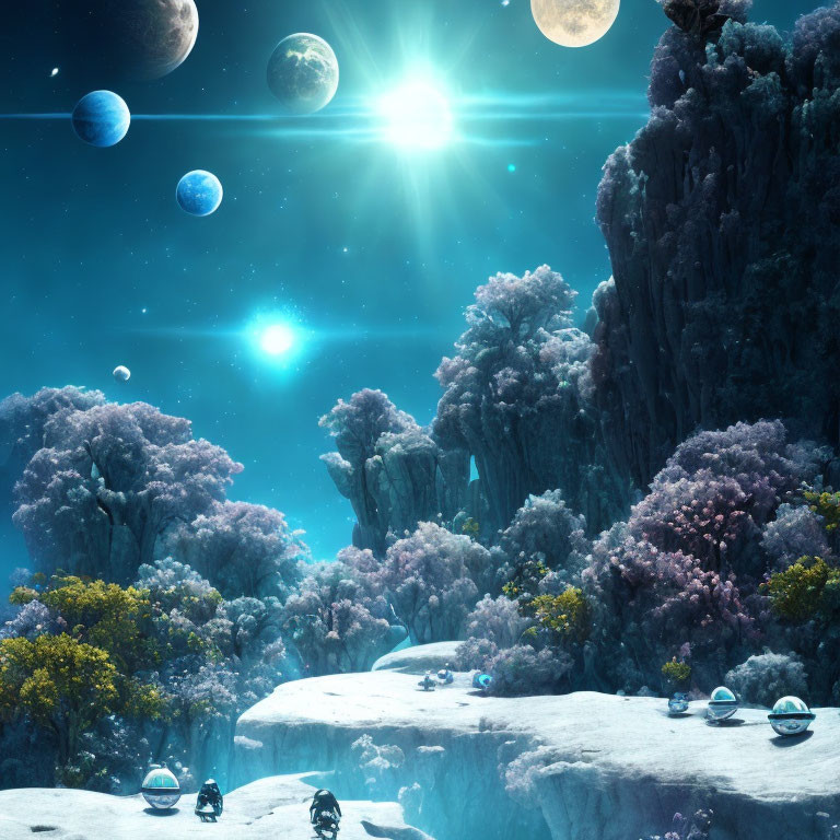 Alien landscape with vibrant flora, snowy ground, multiple moons, planets, and futuristic objects.