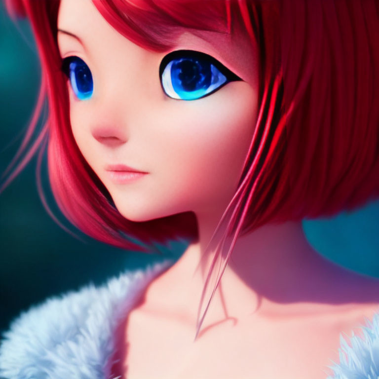 Animated character with blue eyes, red hair, and white fluffy attire