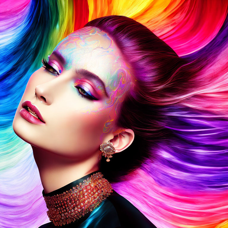 Colorful woman with rainbow hair, purple eyeshadow, and choker necklace.