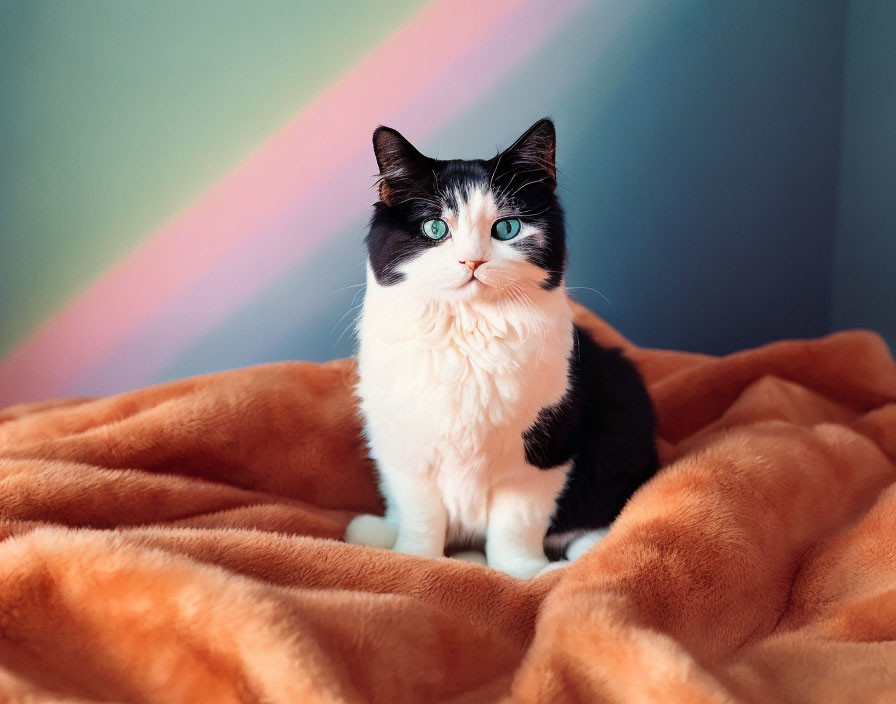 Black and White Cat with Blue Eyes on Orange Blanket in Colorful Setting