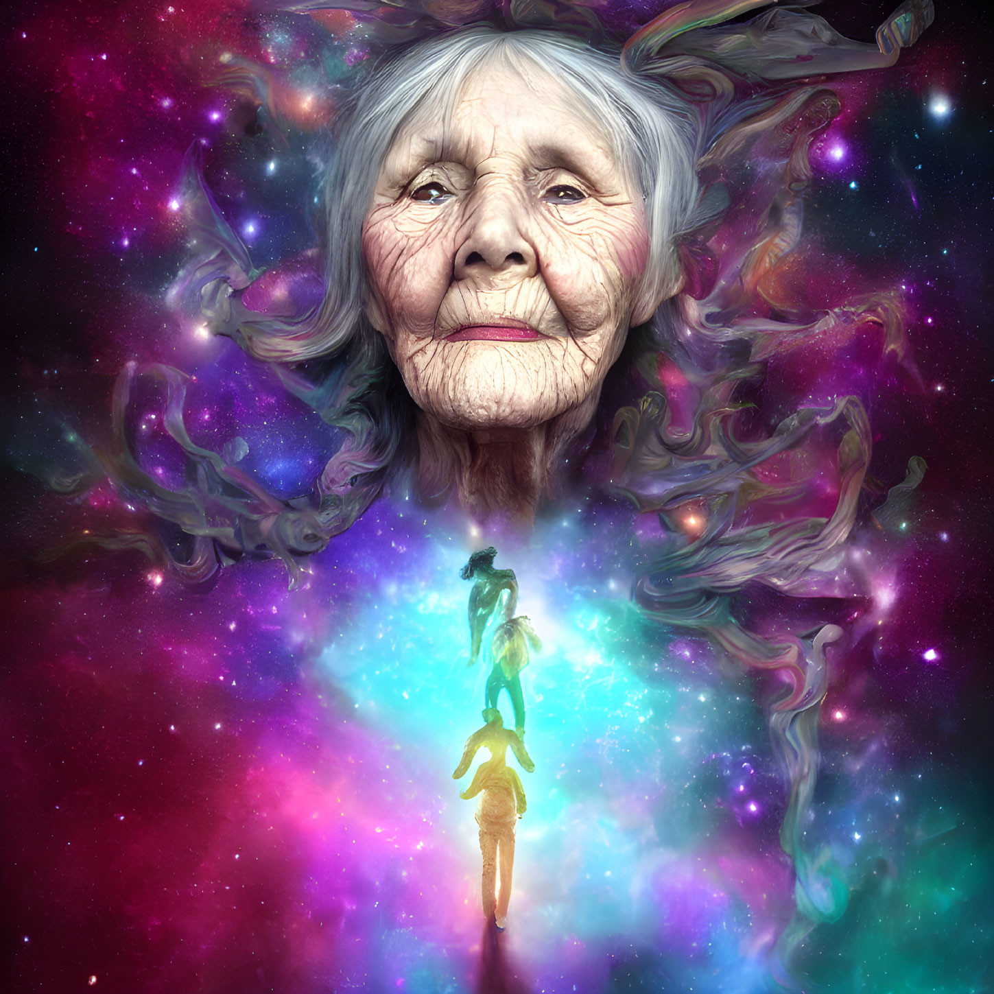 Serene elderly woman's face on vibrant cosmic background