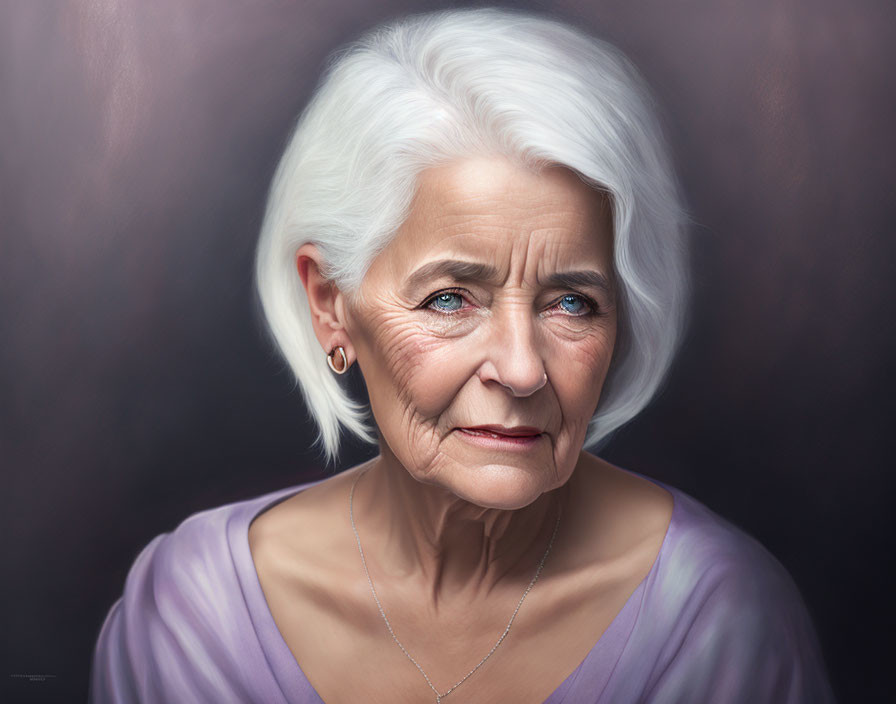 Elderly woman in purple attire with white hair and blue eyes