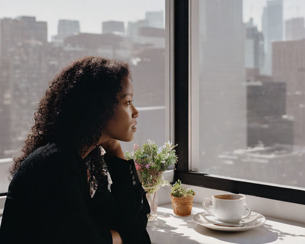 Woman looking out window with cityscape view, coffee cup, and potted plant